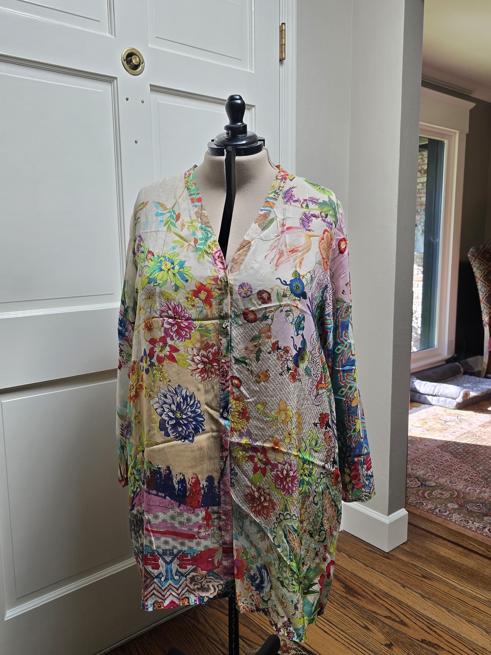Johnny Was Multicolor Floral Patchwork V-Neck Blouse